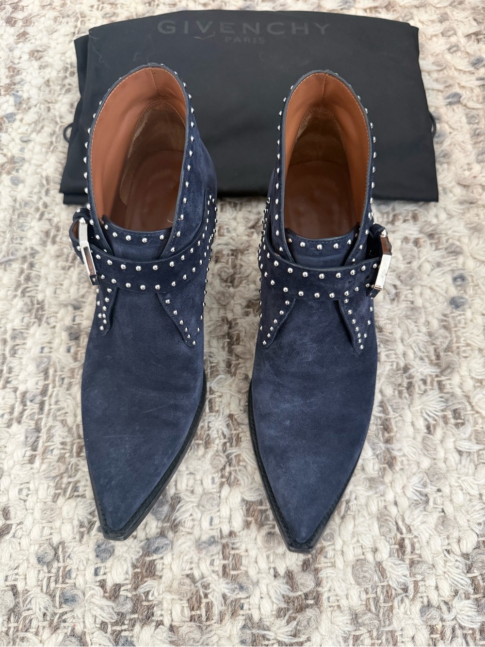 Givenchy Elegant Navy Suede Studded Western Ankle Boots 60mm EU 38